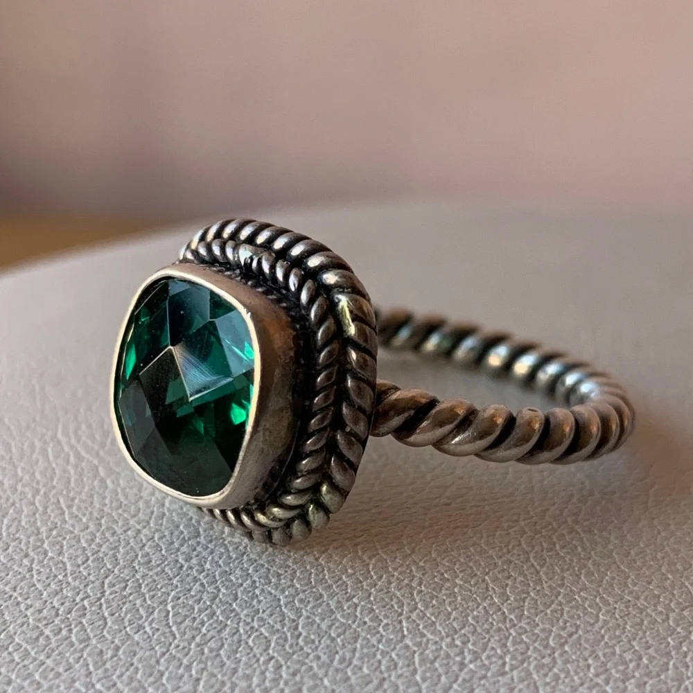 VINTAGE GREEN QUARTZ 925 STERLING SILVER TWISTED CABLE RING